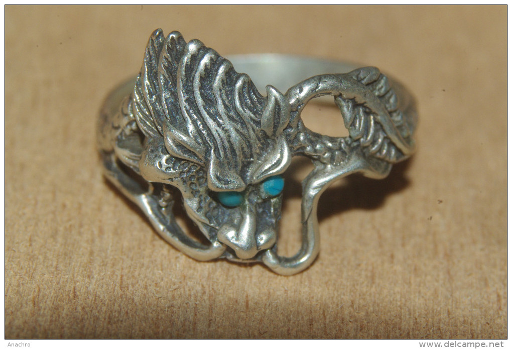 BAGUE ARGENT DRAGON Et TURQUOISES - Anelli