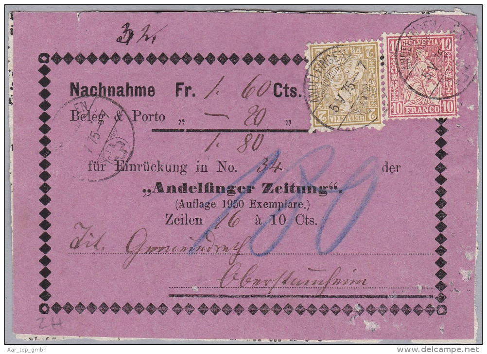 Heimat ZH ANDELFINGEN 1875-05-05 Auf Nachnahmen Zettel "Andelfinger Zeitung" Mit 2+10Rp. Sitzende - Storia Postale