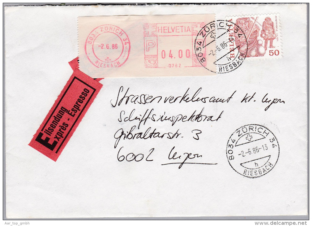 Schweiz Automatenmarken 1986-06-02 Zürich 34 Riesbach Expres Brief Nach Luzern - Automatenzegels