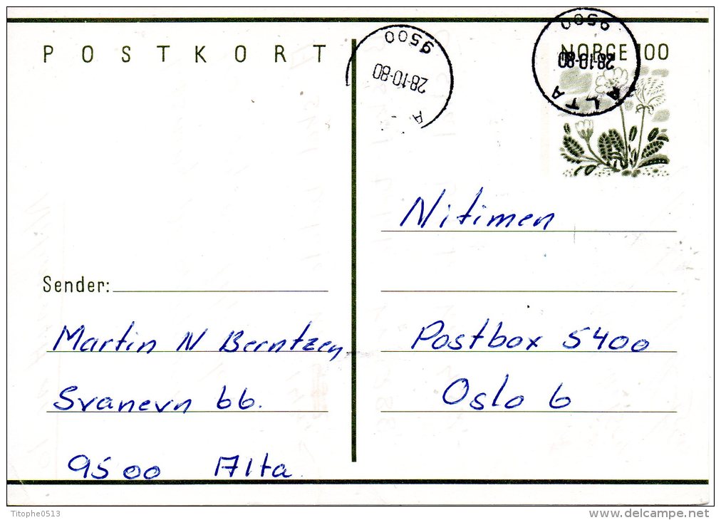 NORVEGE. Carte Ayant Circulé En 1980 Avec Cachet De La Ville Polaire D'Alta. - Other & Unclassified