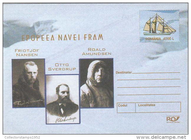 76- FRAM POLAR SHIP, NANSEN, SVERDRUP, AMUNDSEN, COVER STATIONERY, ENTIER POSTAL, 2004, ROMANIA - Poolshepen & Ijsbrekers