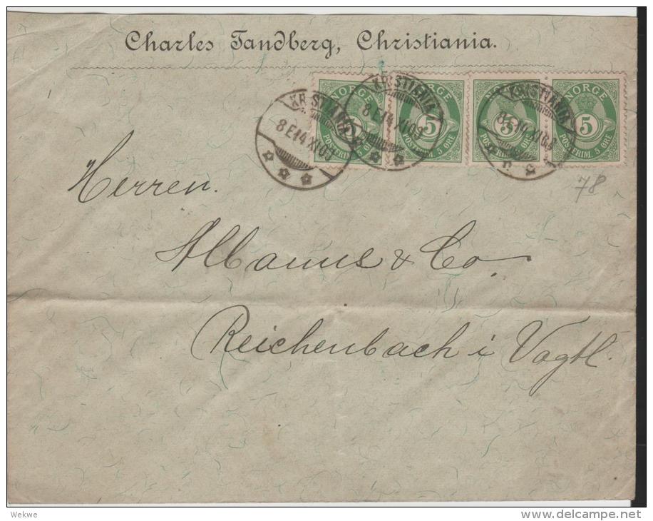 Nor019 / NORWEGEN -  Posthorn-Ausgabe 1899, 5 Öre (4 X) Nach Deutschland 1900 Ex Christiania - Storia Postale