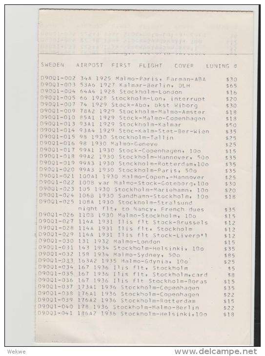 Schweden/  LITERATUR -  Erstflüge (first Flights) Liste Mit 256 Flügen 1915 - 1955, In US $ - Air Mail And Aviation History