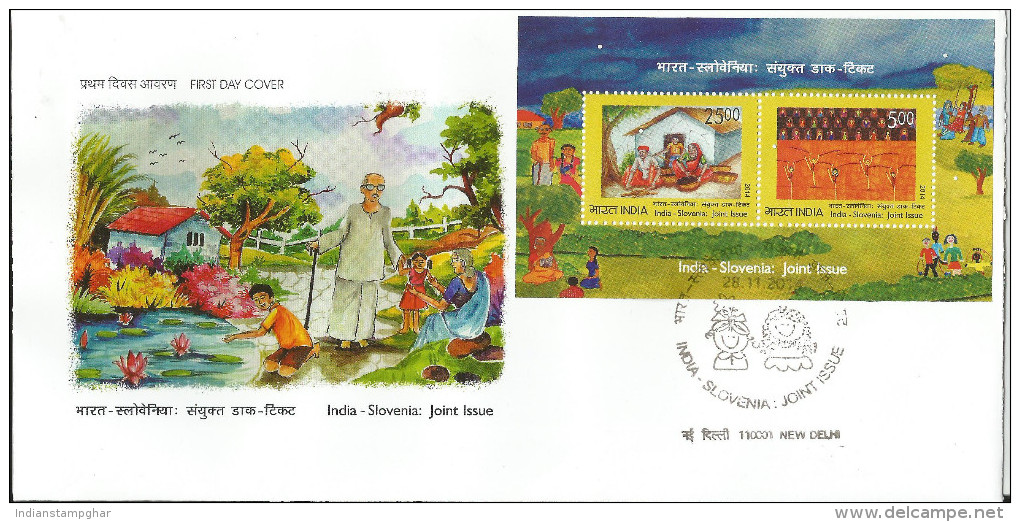 India - Slovenia 2014 FIrst Day Cover  With M/S Joint Issue India Children Day Kinder Tag, First Day Cancelled - Lettres & Documents