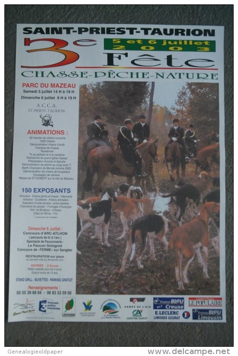 87 - ST -SAINT PRIEST TAURION  - BELLE AFFICHE 3E  FETE CHASSE PECHE NATURE-CHASSE A COURRE PARC DU MAZEAU -2003 - Plakate