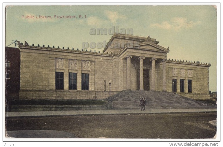 PAWTUCKET RI, PUBLIC LIBRARY BUILDING, FRONT VIEW~c1910s Vintage Rhode Island Postcard PEOPLE - Pawtucket