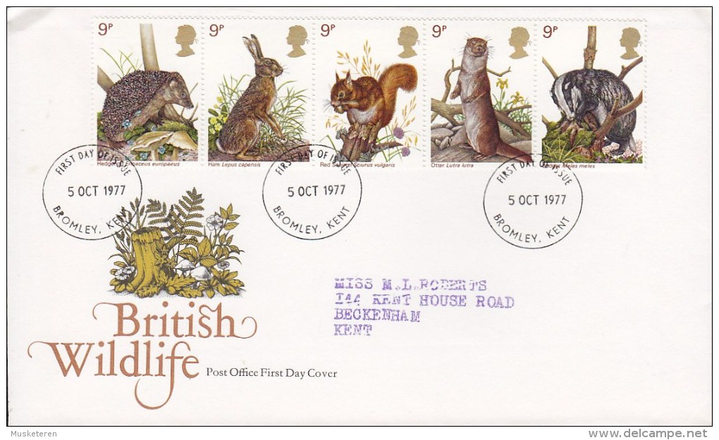 Great Britain FDC Cover 1977 British Wildlife WWF Panda Issue 5-Stripe Sent To KENT Hedgehog HareSquirrel Otter Badger - 1971-1980 Dezimalausgaben