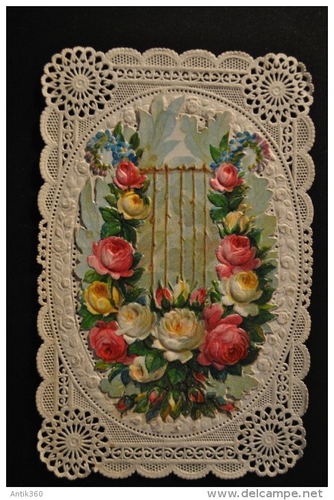 Image Pieuse Canivet Dentelle - A Système Lyre De Roses En Chromo Ouvrant Sur Jésus - Images Religieuses