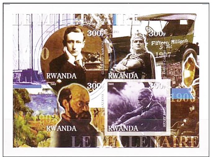 Ruanda 2001 IMPERFORATE Sheet Rwanda Marconi Cezanne Caruso Ford MNH 4 Val - Fogli Completi