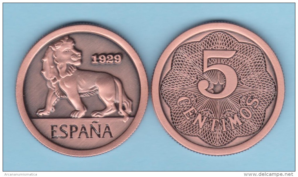 SPAIN/ESPAGNE/ESPAÑA  Alfonso XIII 5 Céntimos  1.929 (tipo 2) Cy 17583 Aledón 130.PM1 Copy  Cobre  SC/UNC  T-DL-11.082 C - Ensayos & Reacuñaciones