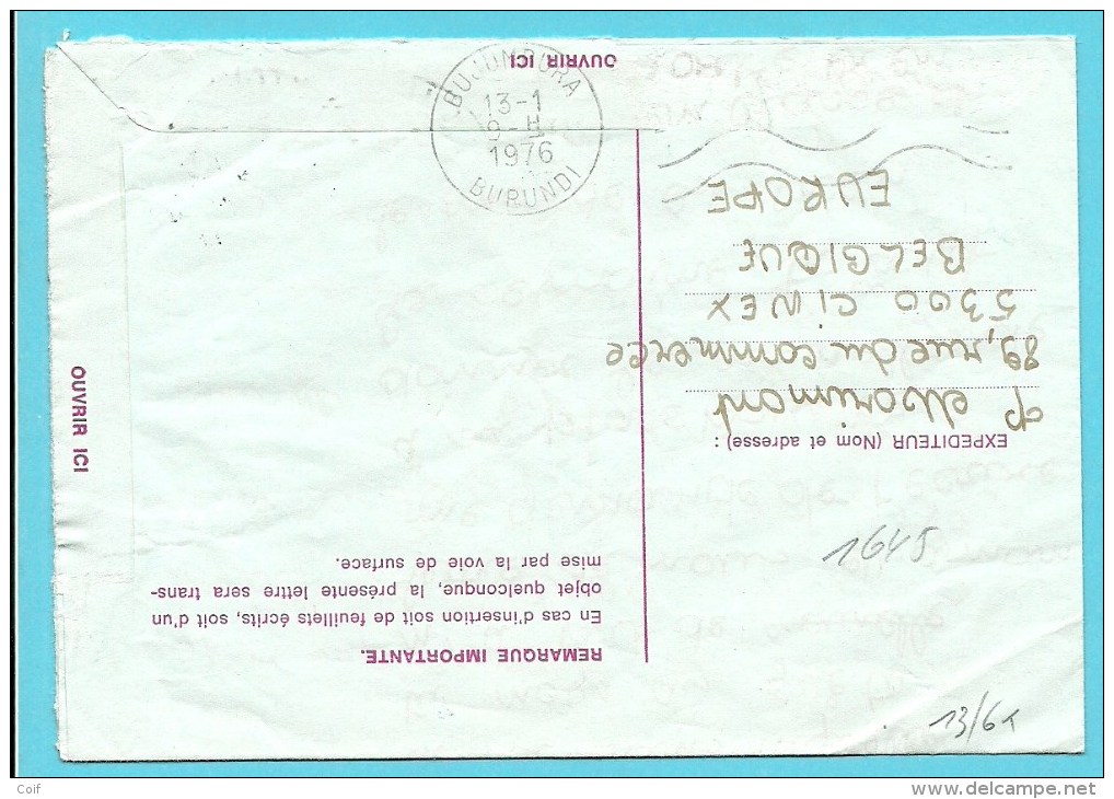 1645 Op AEROGRAMME Met Stempel CINEY Naar BURUNDI - 1970-1980 Elström