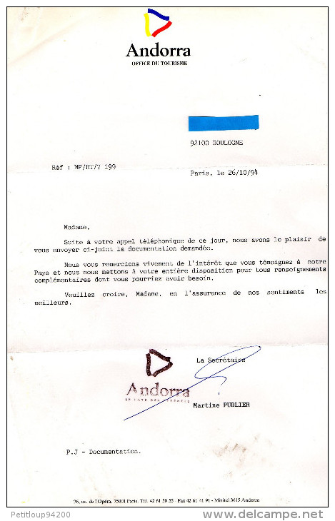 DOCUMENT COMMERCIAL  OFFICE DE TOURISME  Andorre/Boulogne-Billancourt  1994 - Sport & Tourismus