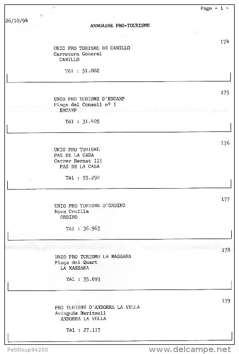 DOCUMENT COMMERCIAL  OFFICE DE TOURISME  Andorre/Boulogne-Billancourt  1994 - Sport & Tourismus