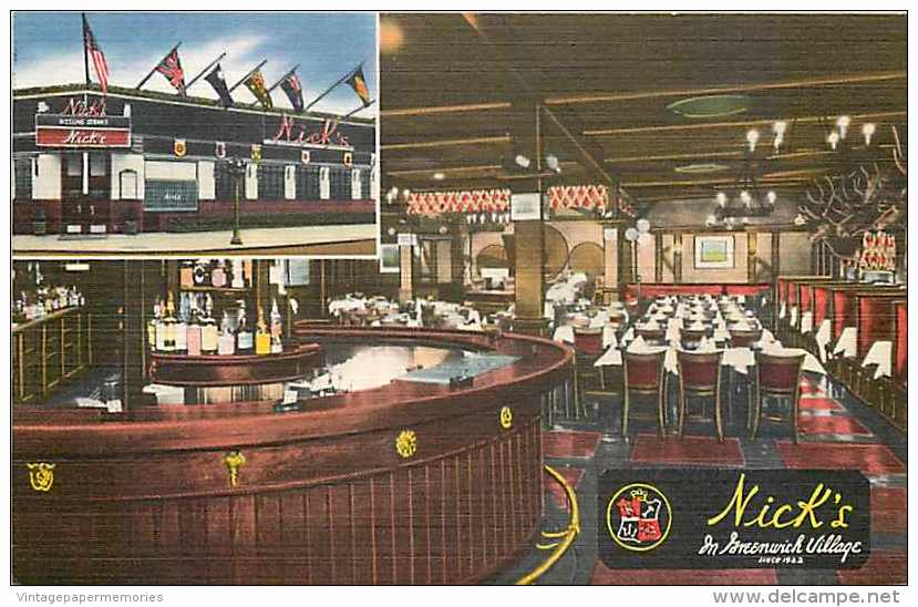 228285-New York City, Greenwich Village, Nick's Steakhouse & Bar, Linen Postcard, Harry H Baumann No 90493 - Greenwich Village