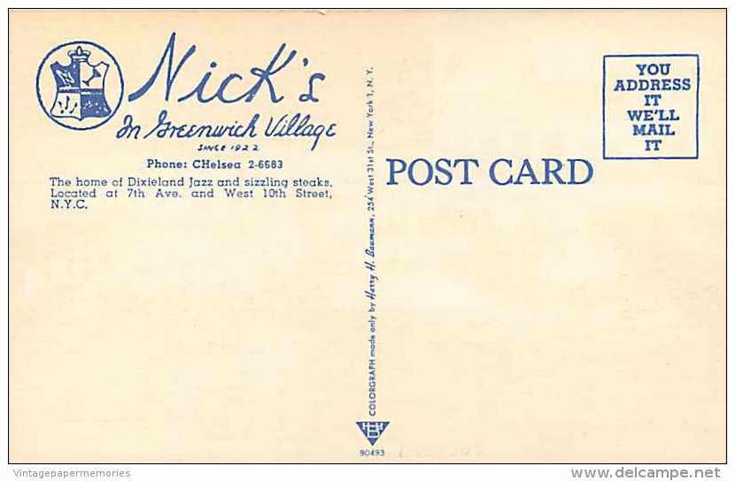 228285-New York City, Greenwich Village, Nick's Steakhouse & Bar, Linen Postcard, Harry H Baumann No 90493 - Greenwich Village