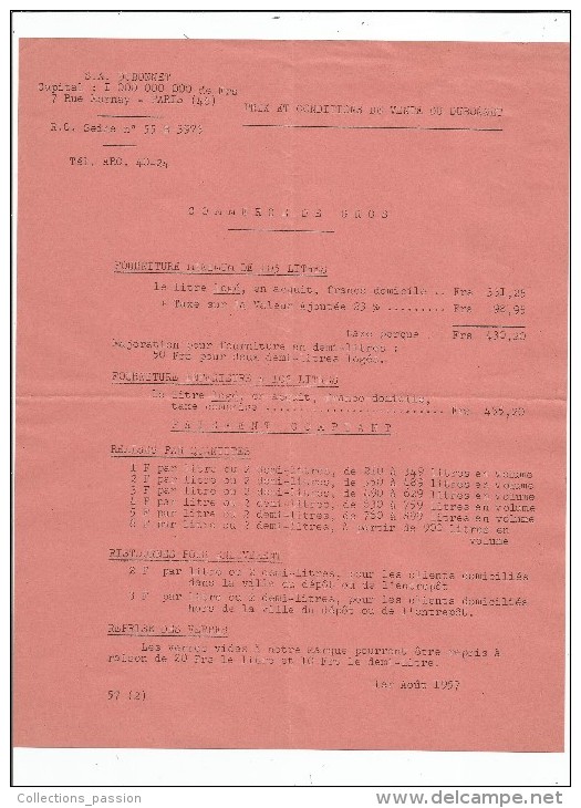 Document Commercial , Tarif De Gros , DUBONNET , Paris , 1957 - 1950 - ...