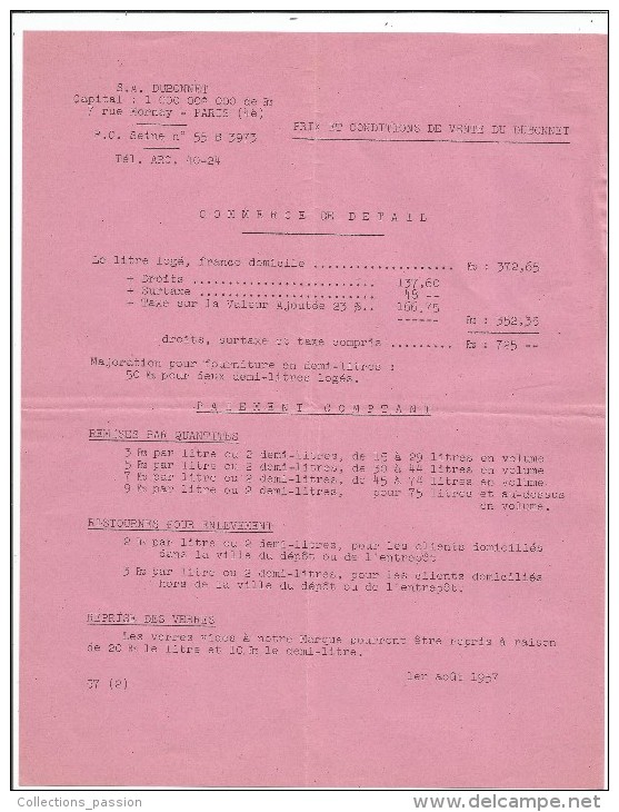 Document Commercial , Tarif De Détail  , DUBONNET , Paris , 1957 - 1950 - ...