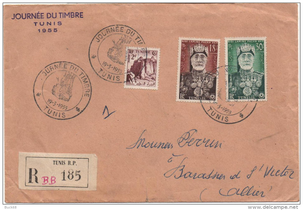 TUNISIE 386 Et 387 FDC Premier Jour Lettre Voyagé Journée Du Timbre 1954 TUNIS Pacha Bey - Covers & Documents