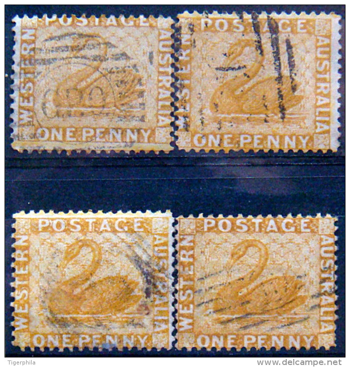 WESTERN AUSTRALIA 1872 1p Swan USED 4 Stamps Scott36 CV$17 Watermark : 1 - Usados