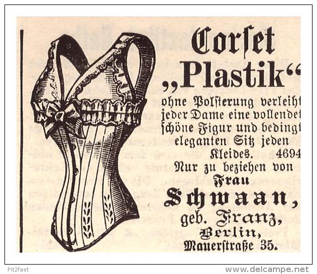 Original Werbung - 1884 - Korsett " Plastik " , Schwaan In Berlin , Corset !!! - Biancheria Intima