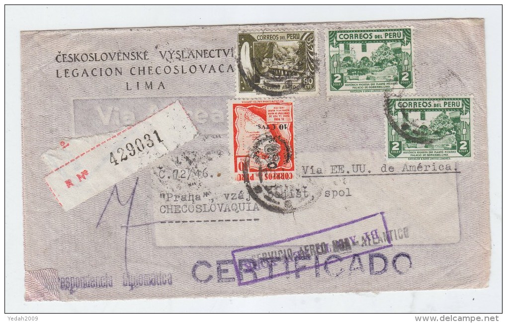 Peru/Czechoslovakia REGISTERED AIRMAIL COVER 1946 - Peru