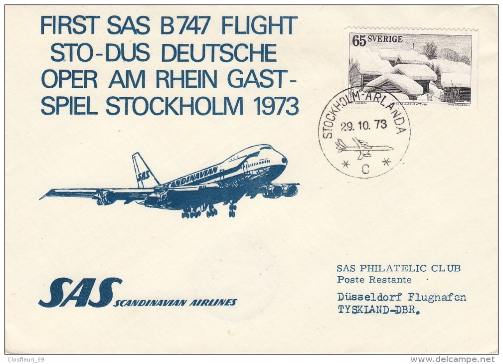 SAS First SAS B 7747 Flight Stockholm Düsseldorf 29.10.1973 /Philatelica Club Bromma Sweden - Lettres & Documents