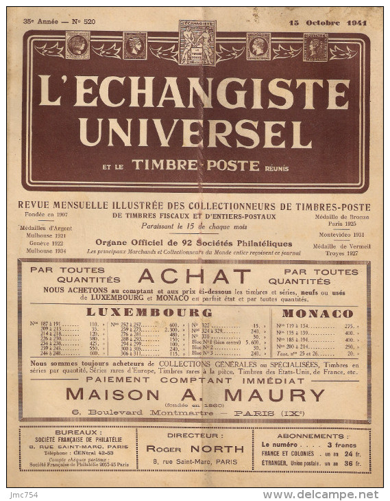 L'ECHANGISTE UNIVERSEL N° 520 Du 15  Octobre 1941.  Philatélie. - Français (àpd. 1941)