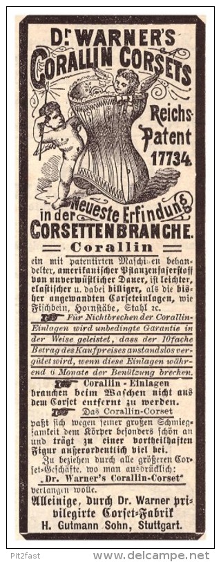 Original Werbung - 1884 - Dr. Warner`s Corsets , Fanrik In Stuttgart , Korsett , Corset !!! - Lingerie