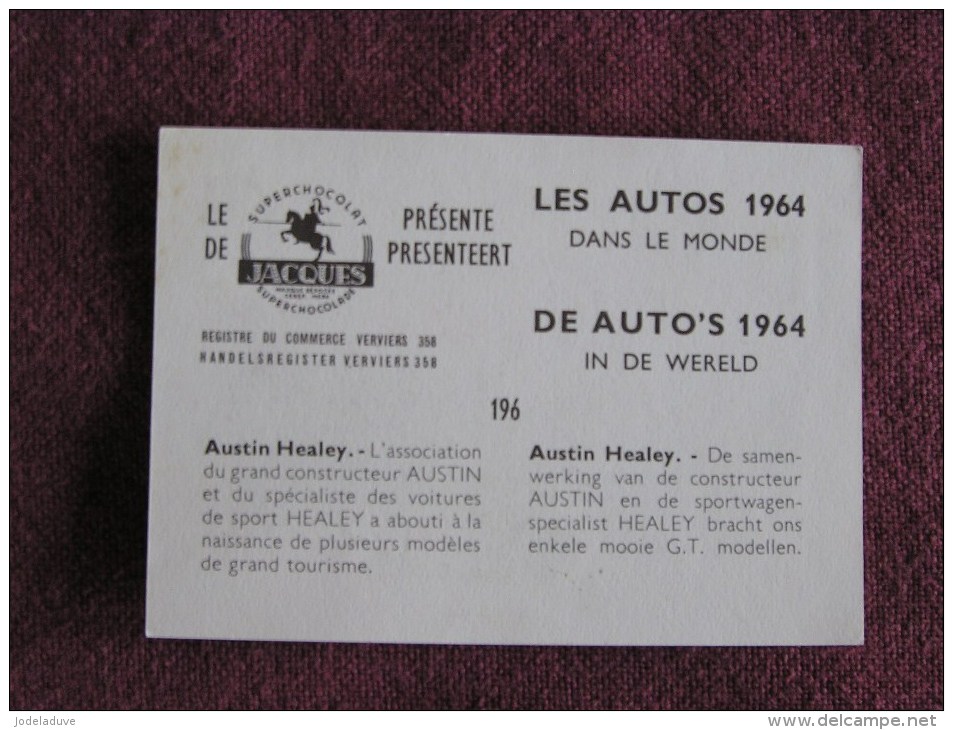 AUSTIN HEALEY   Chromo Auto 1964 Chocolat Jacques Eupen Automobile Trading Card Chromos Vignette - Jacques