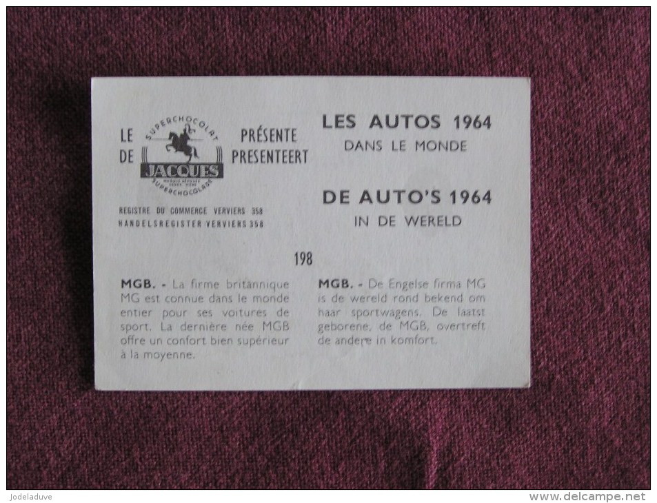 MG MGB  Chromo Auto 1964 Chocolat Jacques Eupen Automobile Trading Card Chromos Vignette - Jacques