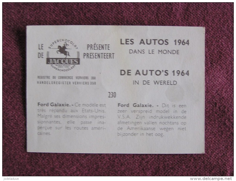 FORD GALAXIE Chromo Auto 1964 Chocolat Jacques Eupen Automobile Trading Card Chromos Vignette - Jacques