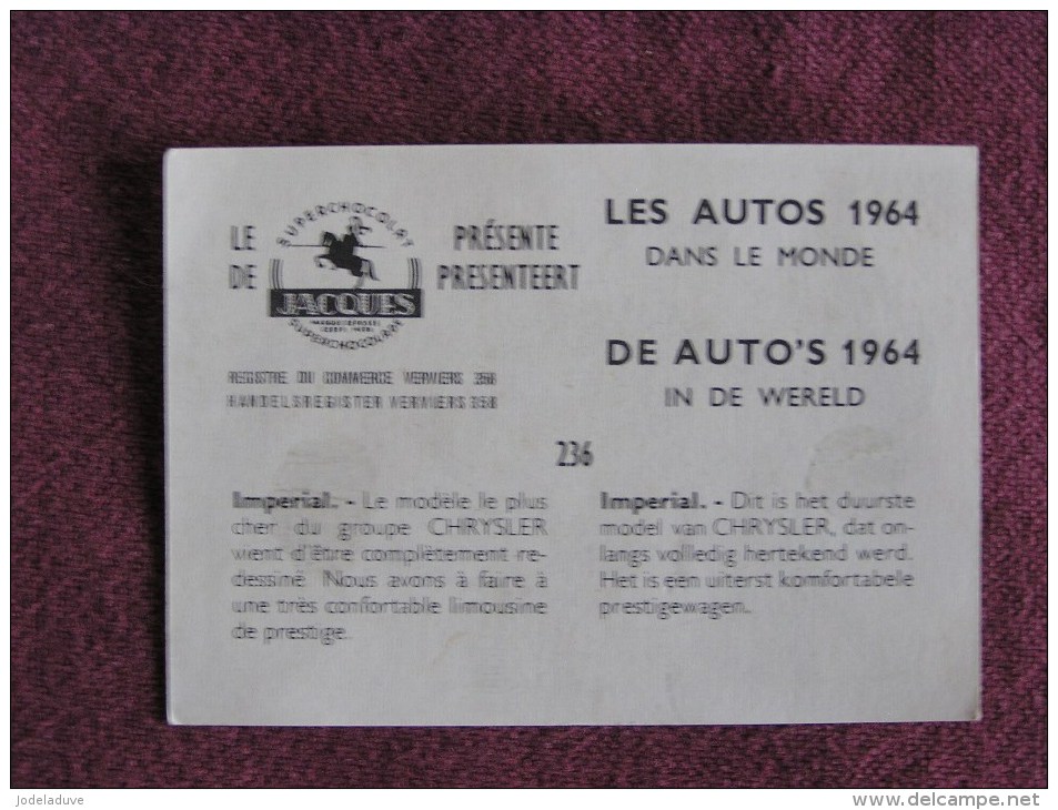 IMPERIAL ( CHRYSLER ) Chromo Auto 1964 Chocolat Jacques Eupen Automobile Trading Card Chromos Vignette - Jacques