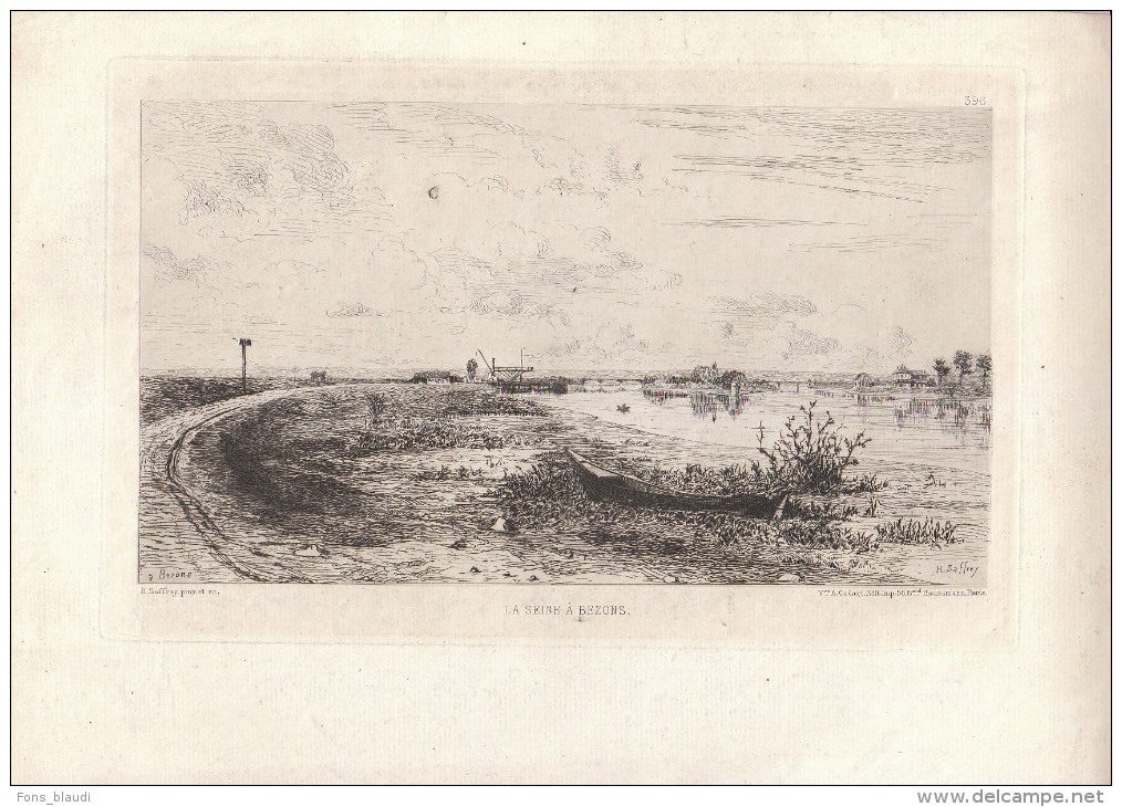 1868 - La Seine à Bezons - Eau-forte Originale D'Henri Saffrey - FRANCO DE PORT - Estampes & Gravures