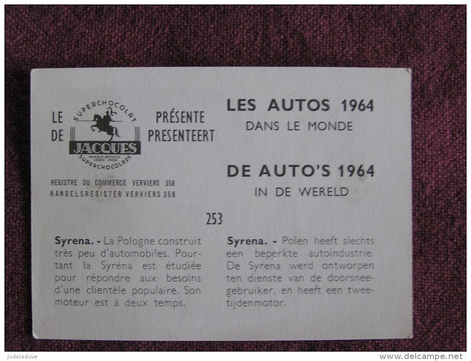 SYRENA  Chromo Auto 1964 Chocolat Jacques Eupen Automobile Trading Card Chromos Vignette - Jacques