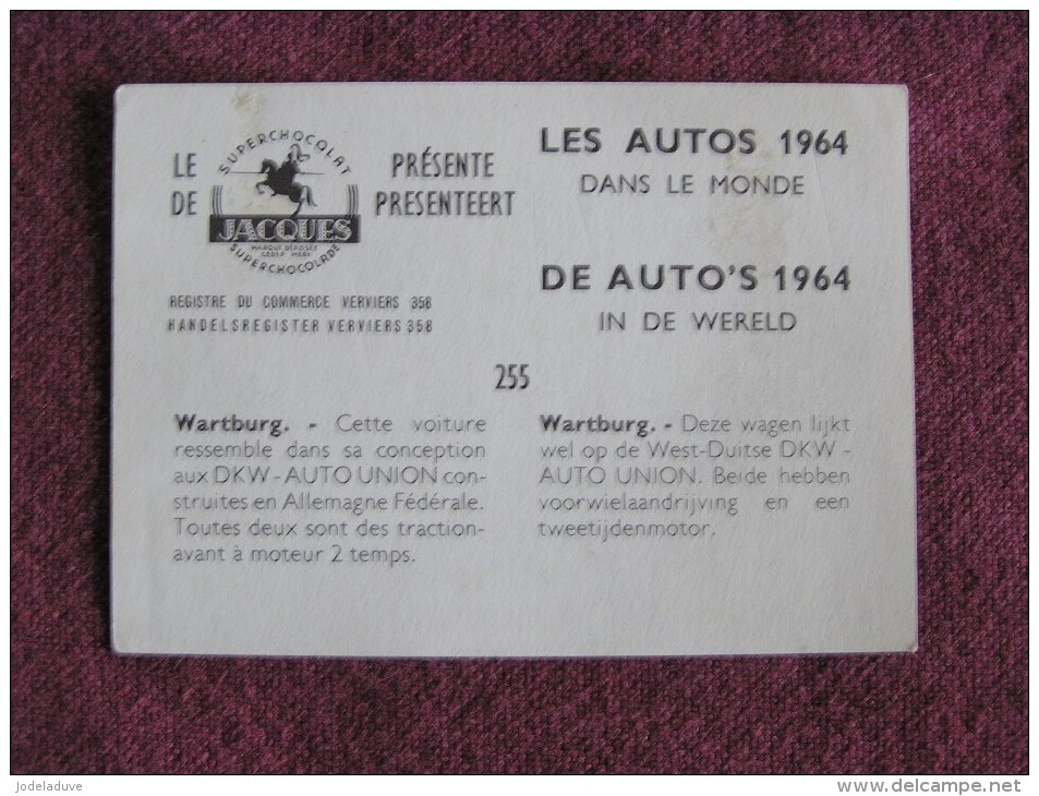 WARTBURG  Chromo Auto 1964 Chocolat Jacques Eupen Automobile Trading Card Chromos Vignette - Jacques