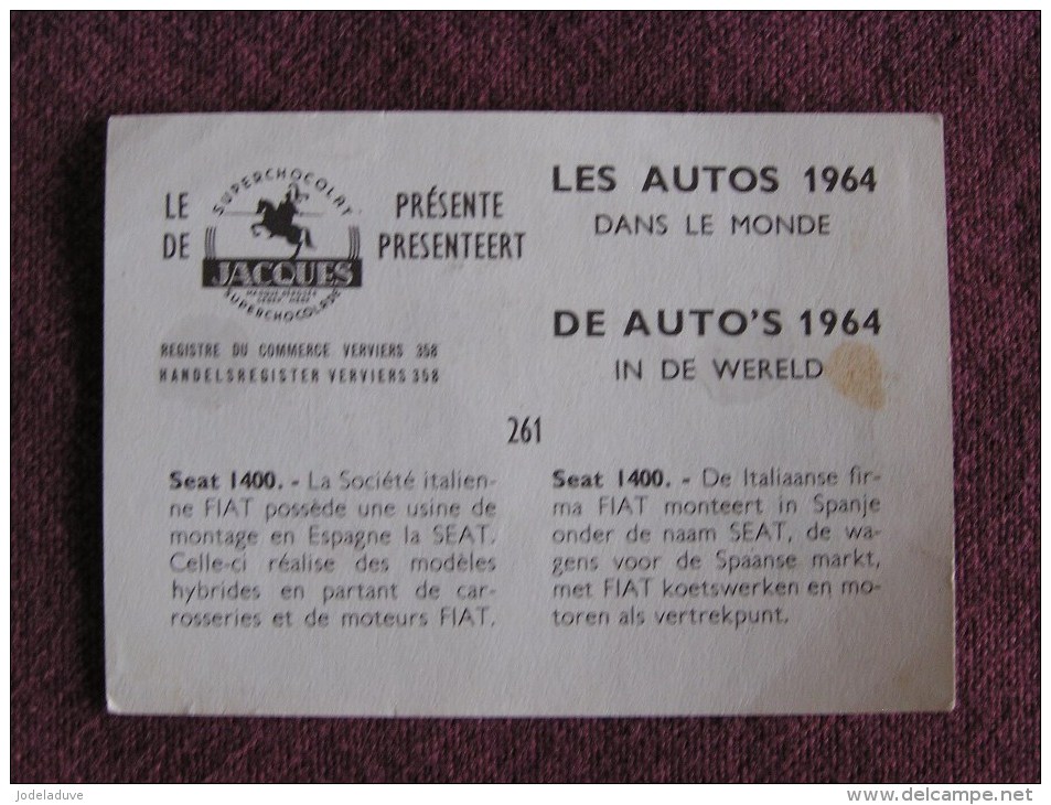 SEAT 1400  Chromo Auto 1964 Chocolat Jacques Eupen Automobile Trading Card Chromos Vignette - Jacques