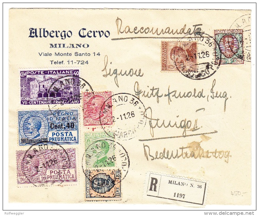 Italien R-Brief 2.11.1926 Milano 36 Albergo Cervo Nach Zürich Ankunftsstempel - Poste Pneumatique