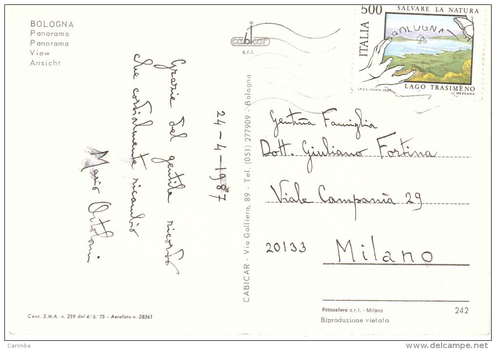 1987 £500 LAGO TRASIMENO SU CART. BOLOGNA PANORAMA - 1981-90: Storia Postale