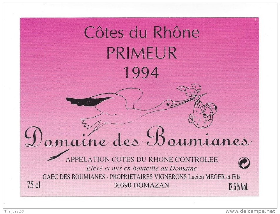 Etiquettes  De Vin - Côtes Du Rhône Primeur - Thème Oiseau Cigogne - Domaine Des Boumianes  Meger à Domazan (30) - Kinder