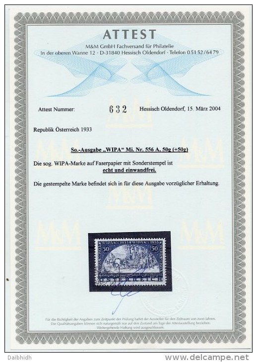 AUSTRIA 1933 WIPA Exhibition Granite Paper Used, With Certificate.  Michel 556. - Usati