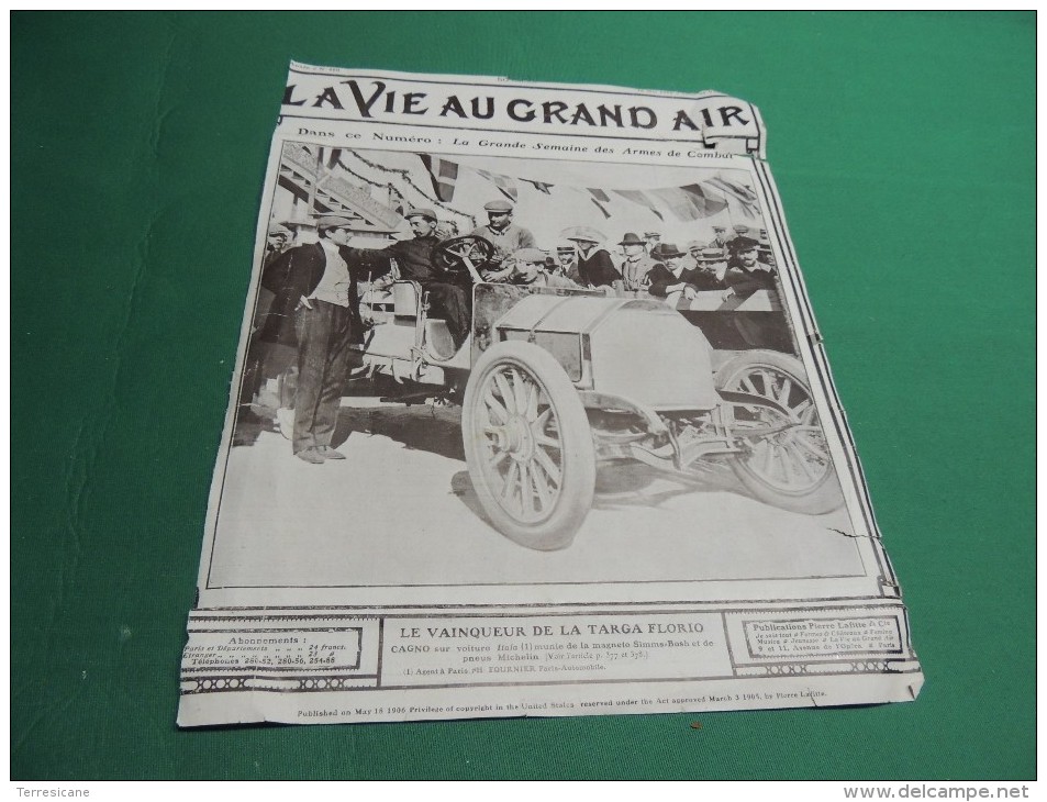 Copertina De La Vie Au Grand Air 1906 VINCENZO FLORIO SALUTA CAGNO SU ITALA VINCITORE DELLA 1 ^TARGA FLORIO - Engines