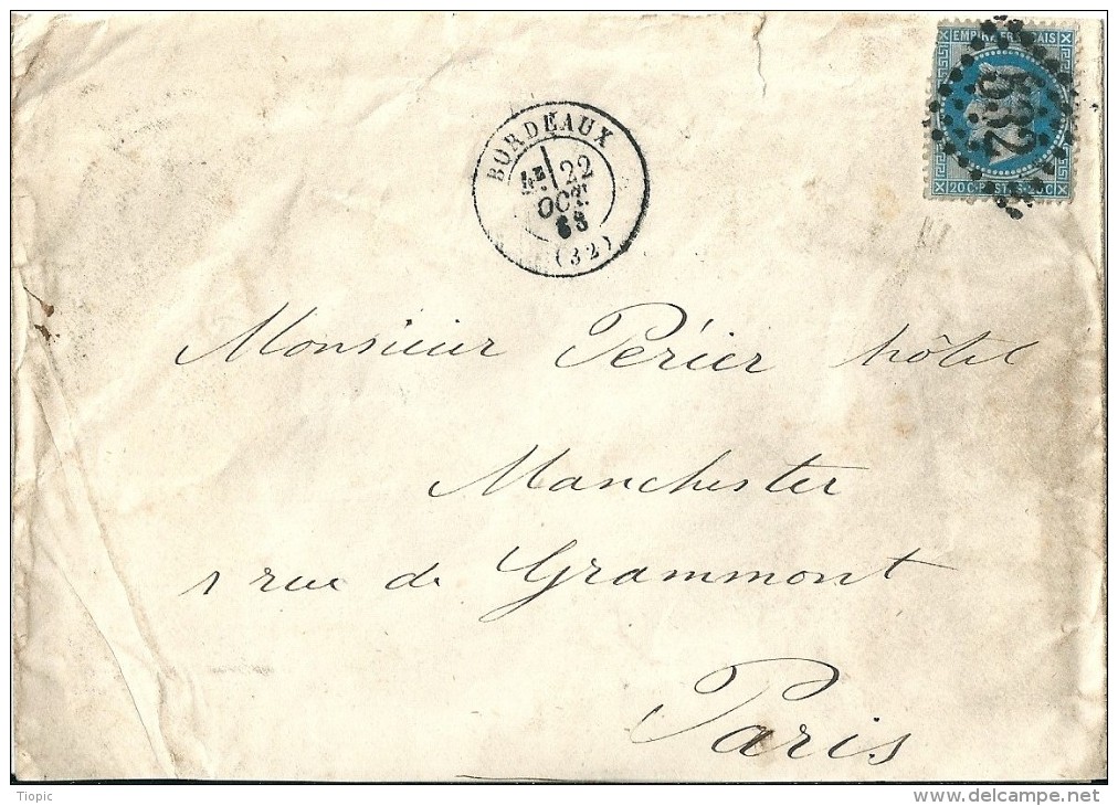 Enveloppe   -  Cachet  Au  Départ  De  Bordeaux    -  Direction    Paris - 1849-1876: Classic Period