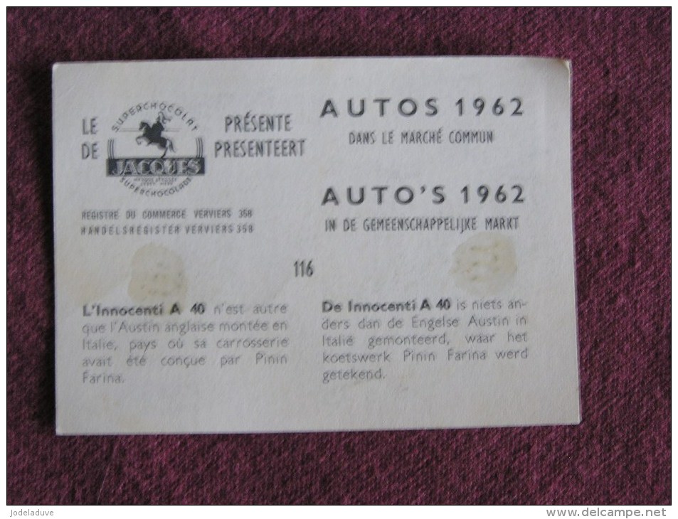 INNOCENTI A 40  Chromo Auto 1962 Chocolat Jacques Eupen Automobile Trading Card Chromos Vignette - Jacques