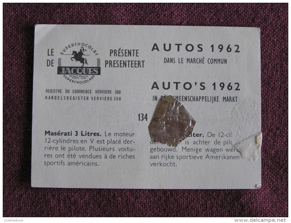 MASERATI 3 LITRES  Chromo Auto 1962 Chocolat Jacques Eupen Automobile Trading Card Chromos Vignette - Jacques