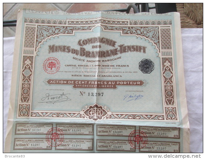 COMPAGNIE DES MINES DU BRAMRANE TENSIFT ACTION DE CENT FRANCS DE 1929 - Afrique