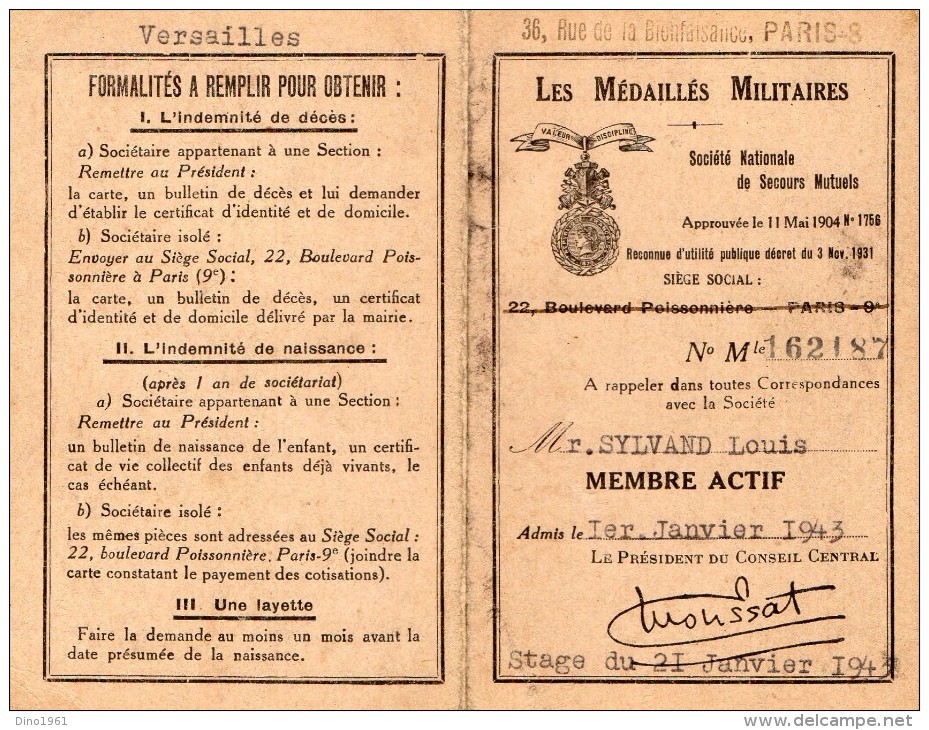 VP1298 - Carte De Membre Des Médaillés Militaires - PARIS X  VERSAILLES - Other & Unclassified