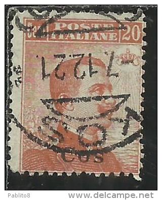 COLONIE ITALIANE EGEO 1921 1922 COO COS SOPRASTAMPATO D´ITALIA ITALY SURCHARGED CENT. 20 FILIGRANA WATERMARK USATO USED - Aegean (Coo)