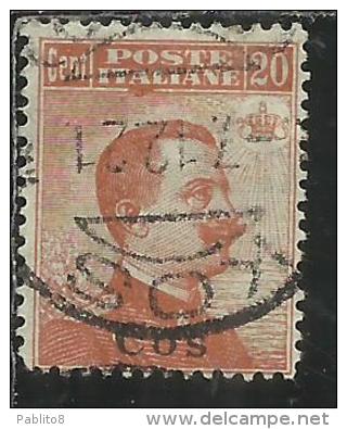 COLONIE ITALIANE EGEO 1921 1922 COO COS SOPRASTAMPATO D´ITALIA ITALY SURCHARGED CENT. 20 FILIGRANA WATERMARK USATO USED - Aegean (Coo)