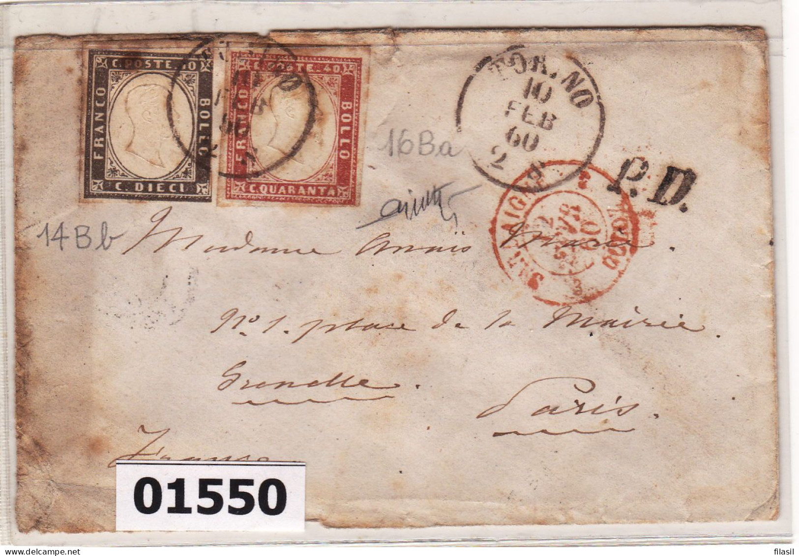 SI53D Italia Italy Sardegna Busta Da Torino A Parigi 10 C.nero Grigio 40 C. Rosa Lilla 10 Feb 1860 Con Annullo Di Arrivo - Sardegna