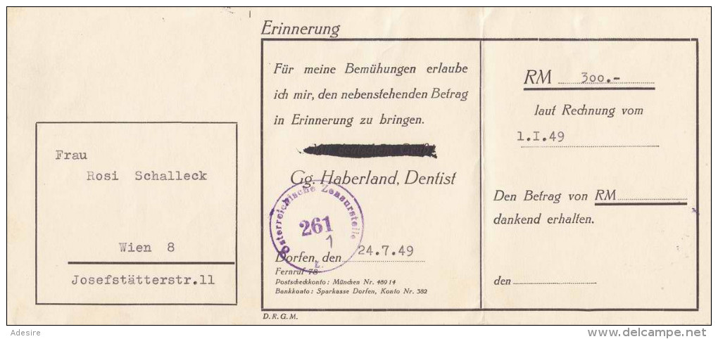 Erinnerungsrechnung 1949 Mit Zensurstempel - Autriche